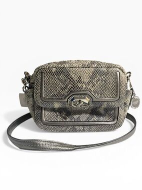 Coach Python Embossed Leather Crossbody Bag Gray Black Turnlock Chain Strap